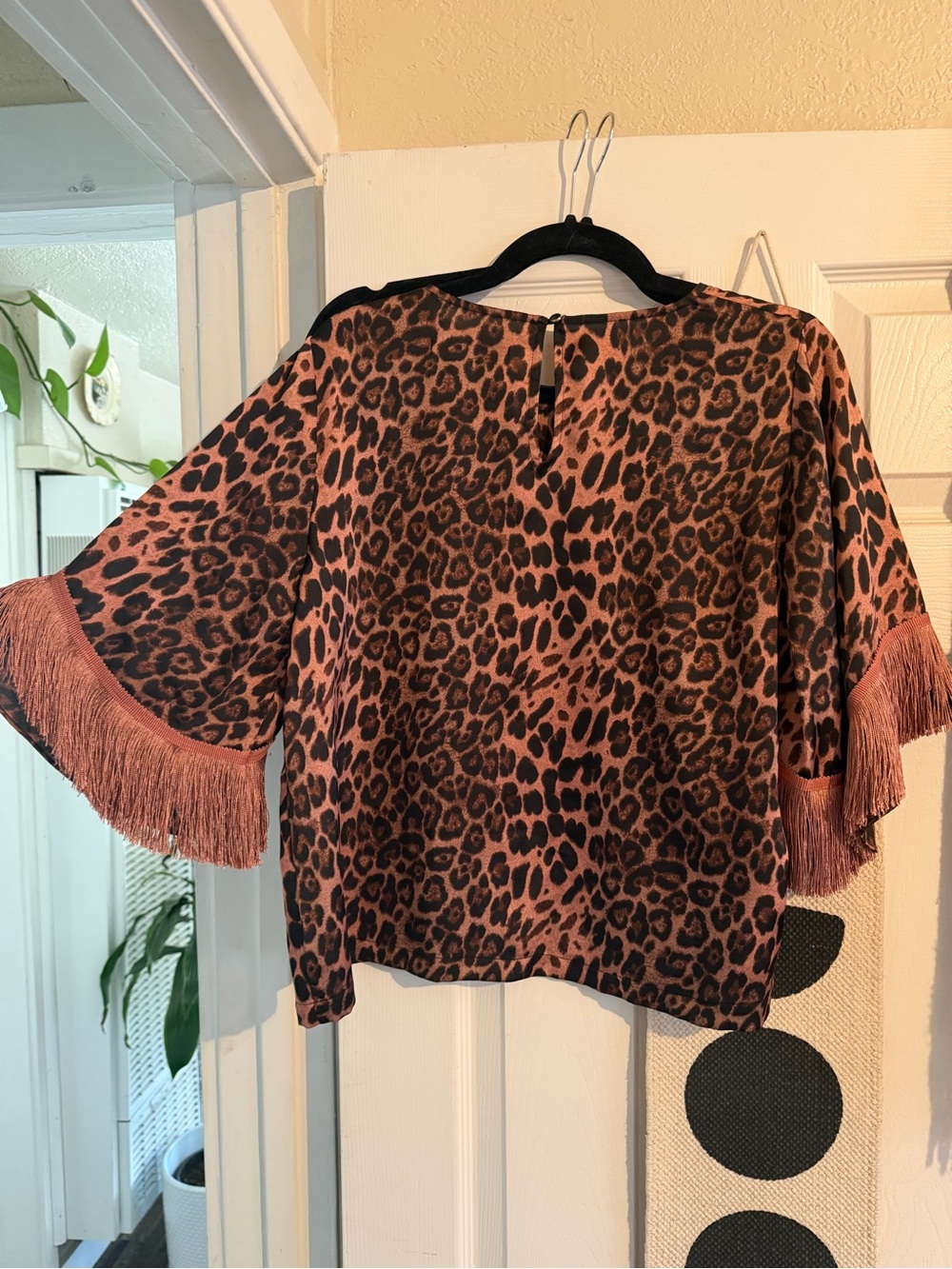 Traffic People Leopard Print Fringe Sleeve Top - silk stunning